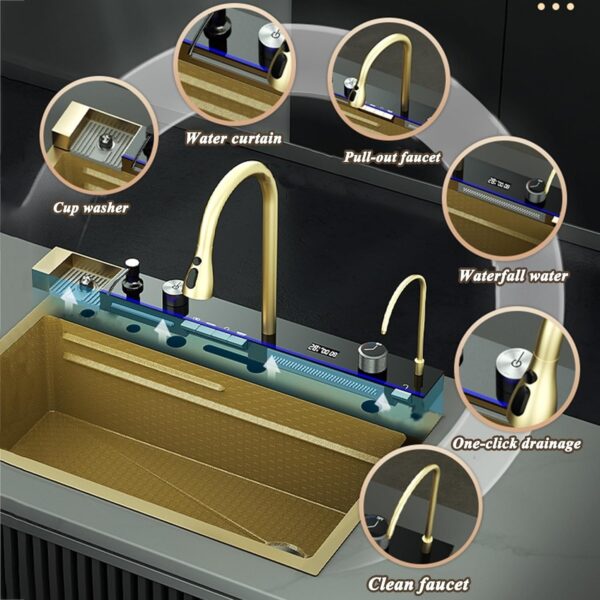 Golden Multifunctional 304 Stainless Steel Kitchen Sink with Smart Faucet - Image 2