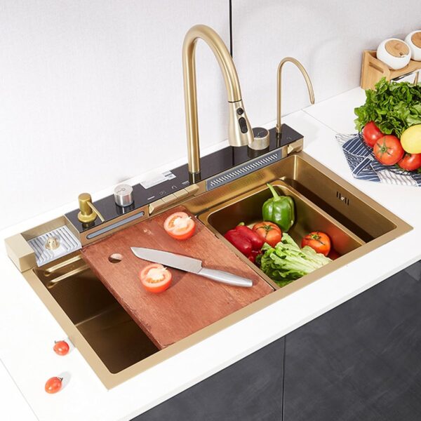 Golden Multifunctional 304 Stainless Steel Kitchen Sink with Smart Faucet