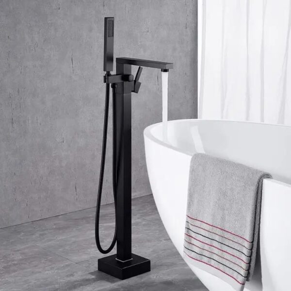 Black Square Freestanding Bath Mixer with Floor Mount