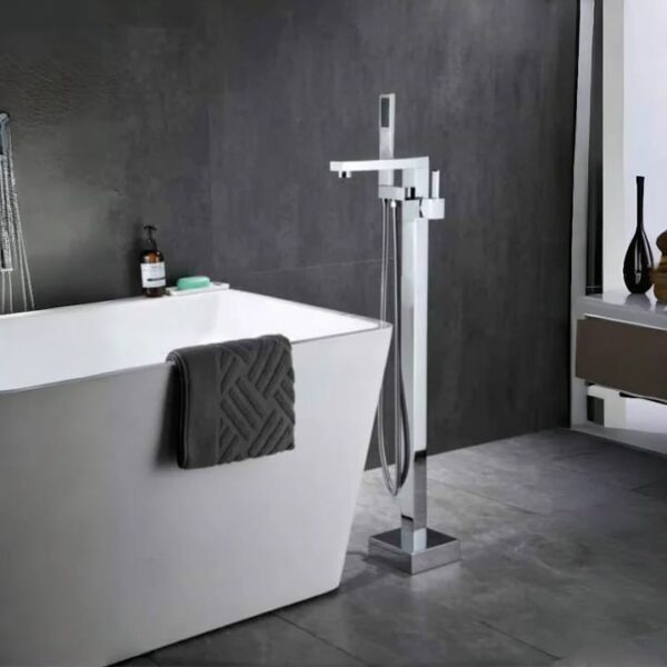 Chrome Freestanding Square Floor-Mount Bath Mixer - Image 2